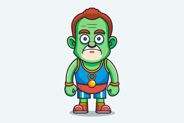 Green red haired serious poisonous little man doodle in sports wear