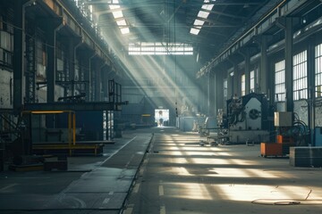 Wide interior shot of metalwork factory equipped with modern industrial machines  copy space