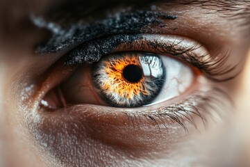 An eye captivates with bold colors, featuring a fiery orange and icy blue pattern