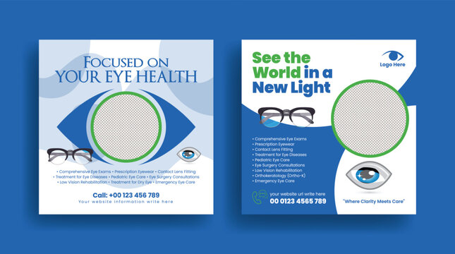 set of editable social media post, banner, ads for Optometrist and Eye clinic template, Medical and Healthcare services social media ads, web banner template design