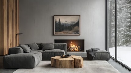 Minimalist rustic interior design of modern living room with fireplace. Gray corner sofa and wooden table.