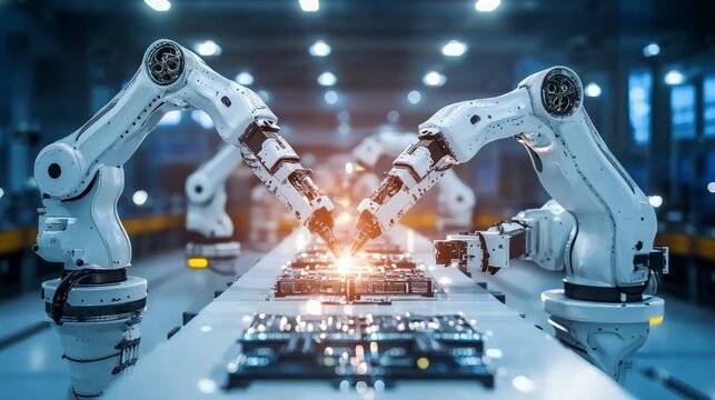 Robotic arms assembling electronics manufacturing plant industrial process modern environment close-up view automation technology