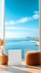 Obraz premium Coastal View Mockup Blank Canvas, Modern Room, Ocean Background, Design Template.