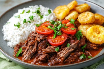 Fototapeta premium Savory Beef Stew with Rice and Plantains