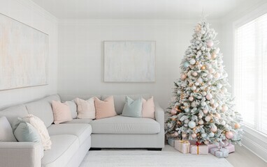A bright and airy family room with white walls, a frosted Christmas tree with pastel decorations, and a light gray sectional sofa