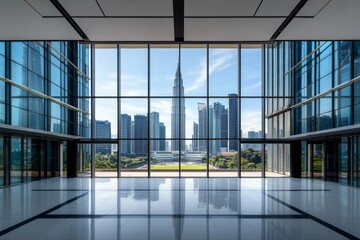 Modern office interior with panoramic city view featuring skyscrapers and clear sky during daytime