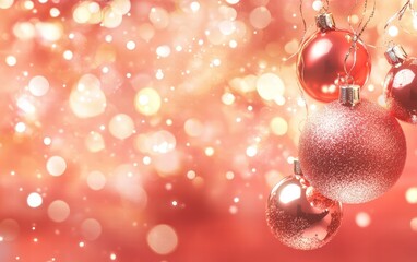 A bright coral background with shimmering baubles and softly glowing garlands