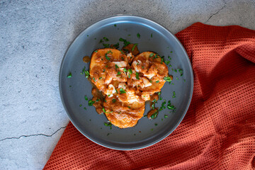 fish dish with sauce. good presentation 