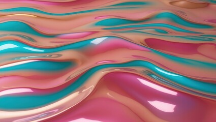 Fototapeta premium Smooth, undulating waves of iridescent pink and turquoise hues create a vibrant, abstract background texture. Ideal for modern design projects.