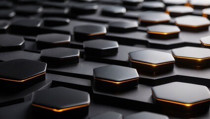Obraz premium Black hexagonal shapes with glowing edges create a modern, abstract pattern on a dark surface, conveying a sleek and futuristic aesthetic.
