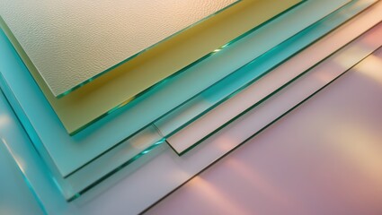 Fototapeta premium Layered sheets of glass in various colors creating abstract patterns and reflections. Soft lighting enhances textures and color gradients.