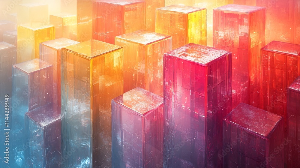 Poster vibrant blockchain data streaming in layers forming an orderly transparent stack