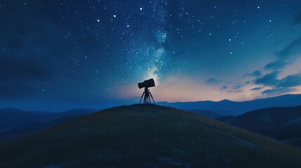 Fototapeta premium Telescope observing Milky Way galaxy on hill at twilight.
