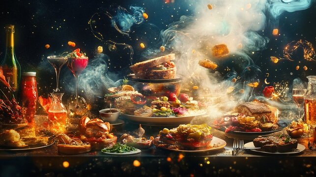 Table laden with various food and drinks exploding with smoke and particles.