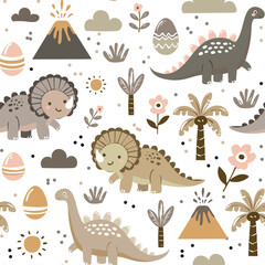 Dino friends. Funny cartoon dinosaurs, rainbows, and eggs. Cute t rex, characters. Hand drawn vector doodle set for kids. Good for textiles, nursery, wallpapers, wrapping paper, clothes