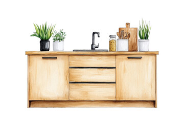 Modern Eco-Friendly Kitchen Cabinet Watercolor Illustration
