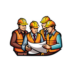 Construction workers huddle, blueprints in hand, intensely discussing project plans on a bustling building site.