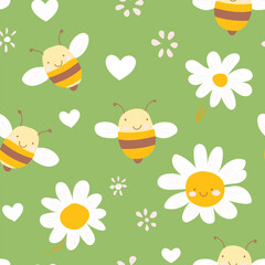 Seamless pattern with cartoons bee and daisy flower on pink background. Vector print for baby and newborn