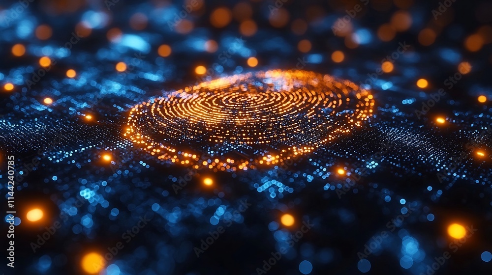 Poster glowing abstract fingerprint in digital blockchain network concept of cybersecurity and identity aut