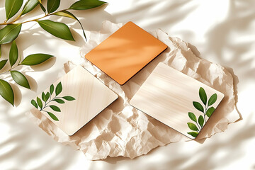 Natural Mockup Two Beige & Orange Cards on Crumpled Paper with Greenery & Sunlight.
