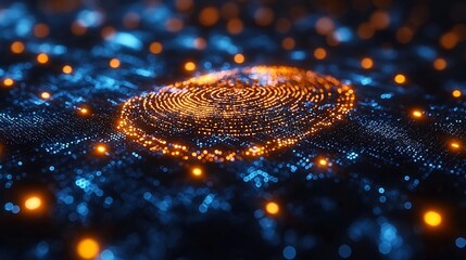 Glowing Abstract Fingerprint in Digital Blockchain Network Concept of Cybersecurity and Identity Authentication