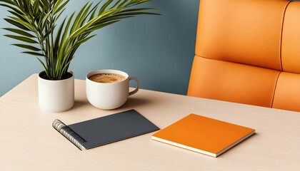Office Desk Coffee Break Mockup Notebook, Coffee, Plant.