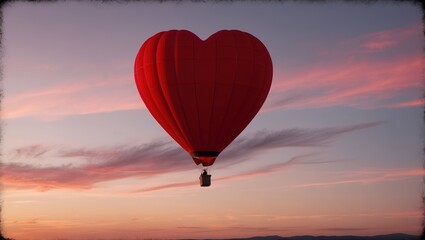 Fototapeta premium A heart-shaped, red hot air balloon soars against a stunning sunset sky, evoking feelings of romance and whimsy. Perfect for couples and adventurers.