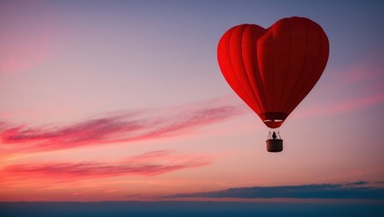 Fototapeta premium Red heart-shaped hot air balloon flying against a colorful sunset sky, creating a romantic atmosphere and perfect for love-themed content.