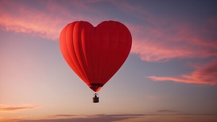 Fototapeta premium Heart-shaped red hot air balloon floating in vibrant sunset sky with colorful clouds, symbolizing love and romance.