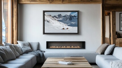 Minimalist rustic interior design of modern living room with fireplace. Gray corner sofa and wooden table.