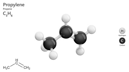 Molecule: Propene (Propylene). Alkene. Gas. Molecular structure. Formula: C3H6. Chemical model: Ball and stick. White background. 3D illustration.