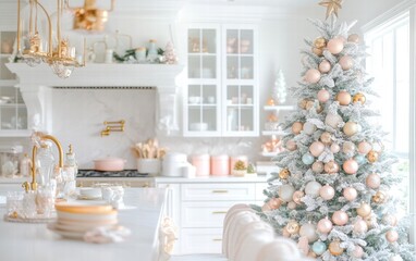 A bright white kitchen with a frosted Christmas tree and pastel-colored holiday decorations
