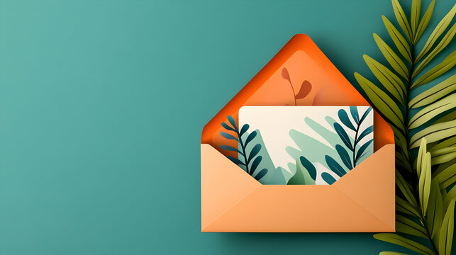 Orange envelope with floral card, teal background, plants, invitation design.