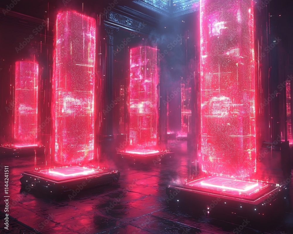 Poster futuristic blockchain data center with holographic cryptocurrency display showcasing transparency in