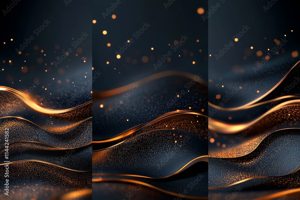 Poster golden waves of light create a mesmerizing abstract pattern in dark background