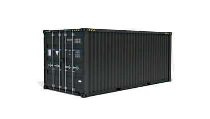 A 20-foot shipping container with shadow, isolated on a transparent background. Realistic view new black container with ventilation. PNG. 3D illustration.