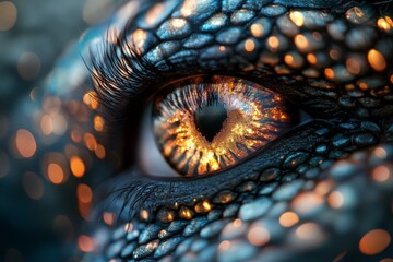Obraz premium Detailed close-up of a dragon-like eye showcasing vibrant colors and intricate textures