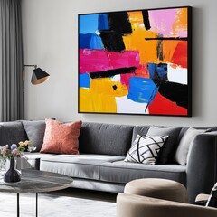 Minimalist, interior design of modern stylish living room with grey sofa, bold colorful abstract art in frame.