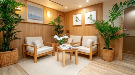 Modern Waiting Area with Wooden Furniture and Plants