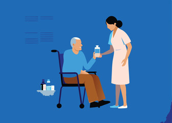 Create a vector illustration of a compassionate homecare nurse assisting an elderly patient at home, showcasing empathy and professional care.