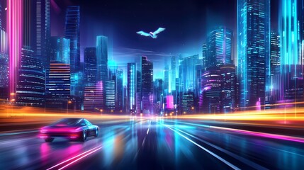 Fototapeta premium Cyberpunk Cityscape at Night with Speeding Car and Flying Bird