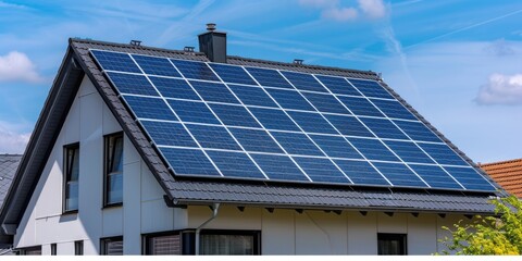 Modern Roof. Solar Panels on Beautiful Home - Energy and Power Solution