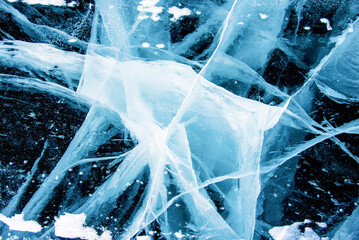 Deep blue ice texture, lake water frozen in winter, icy wallpaper, white snow