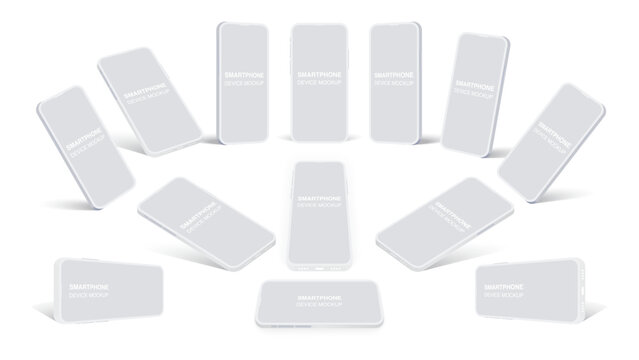Realistic Smartphone and Clay Phone Mockup Collection - White Mobile Devices in Front, Side, Top, Bottom, and Perspective Views with Blank Screens. Vector