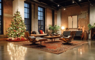 Fototapeta premium A chic industrial loft with polished concrete floors, vintage furniture, and a warmly lit Christmas tree