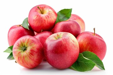 Group of ripe red apples with green leaves is sitting on a white surface