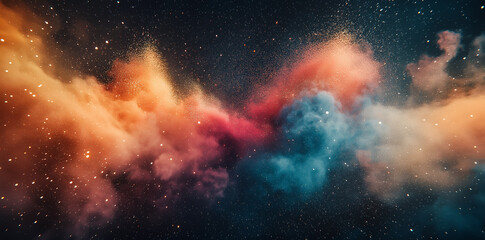 Naklejka premium Colorful Powder Explosion On A Black Background, Vibrant Color Clouds, Paint Splash In A Dark Room, Rainbow-Colored Dust Mix