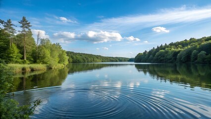 Fototapeta premium A tranquil scene of a lake surrounded by lush green trees. The water is calm and reflective, with a few ripples creating concentric circles. 