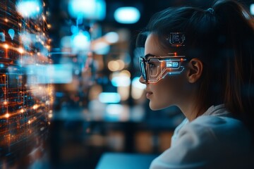 Young woman wearing futuristic glasses while engaging with digital interface at night in a tech-focused environment