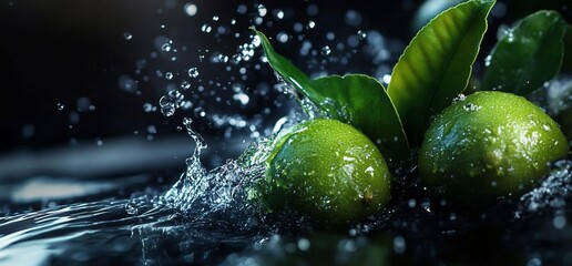 Fresh limes with leaves splashing in water, highlighting freshness and vitality.